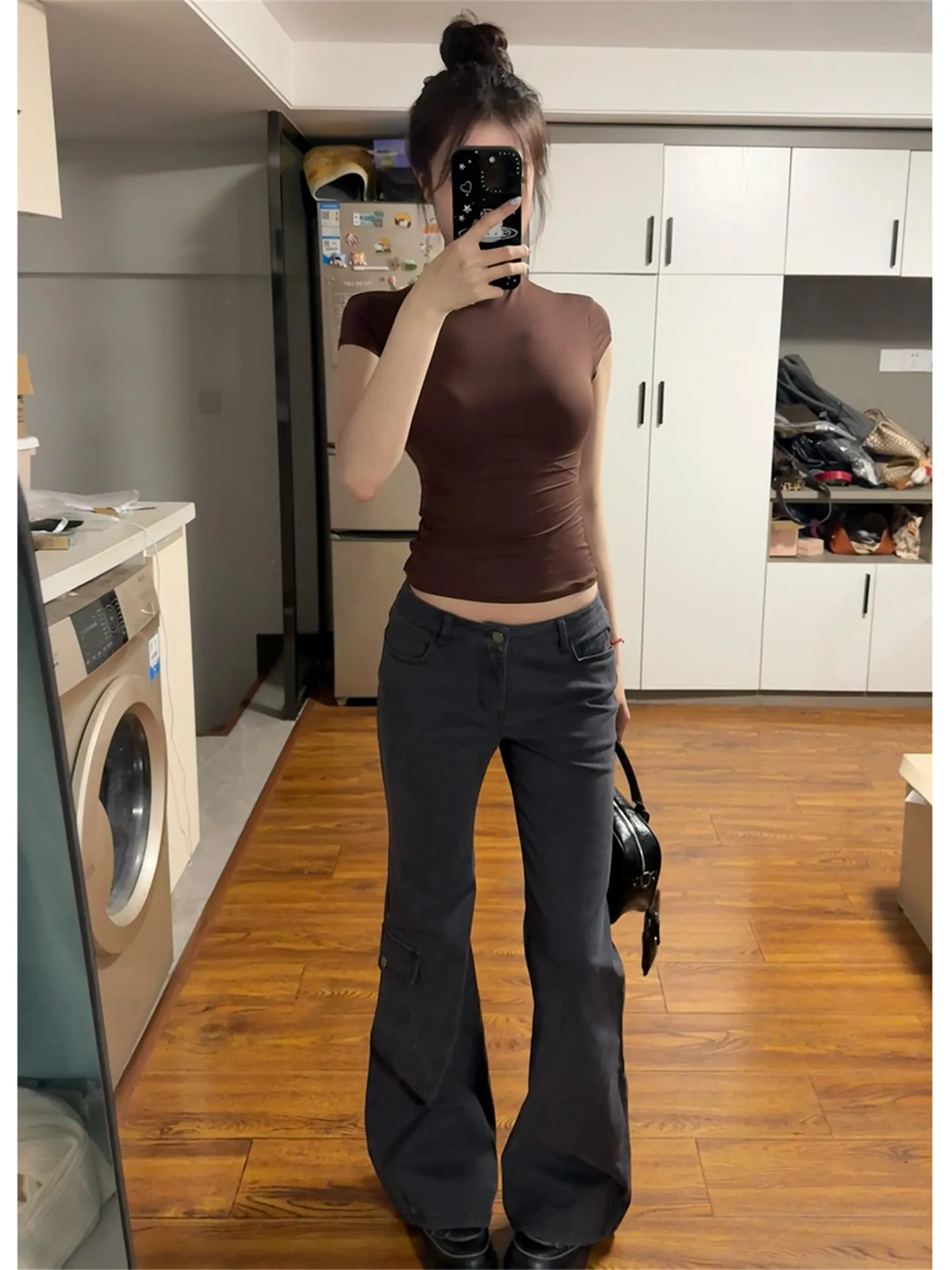 

American Style Low Waist Bell Bottom Jeans Women's Slimming Design Grey Washed Casual Cotton Denim Pants Spring Autumn