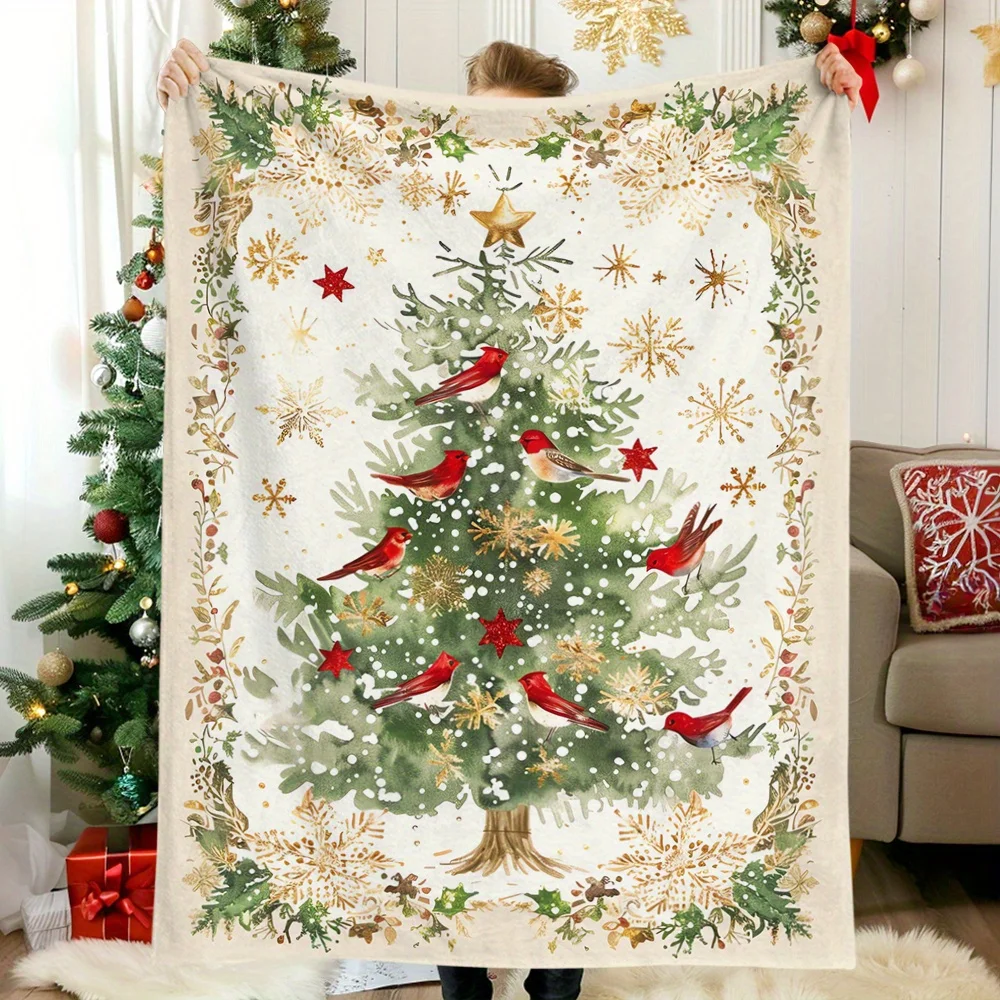 Vintage-Decke mit Aquarell-Weihnachtsbaum-Aufdruck – weich und warm, ideal für Nickerchen, Camping, Reisen, Auto, Büro und Heimdekoration