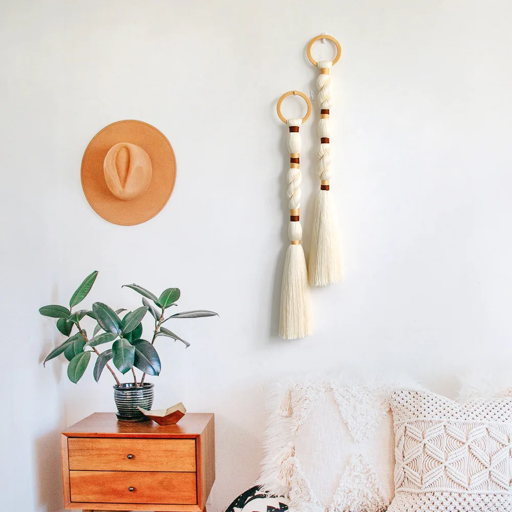 Nordic Long Tassel Wall Hanging Handmade Woven Tapestry Pom Pom Fringe Door Handle Decor for Living Room Bedroom view 3