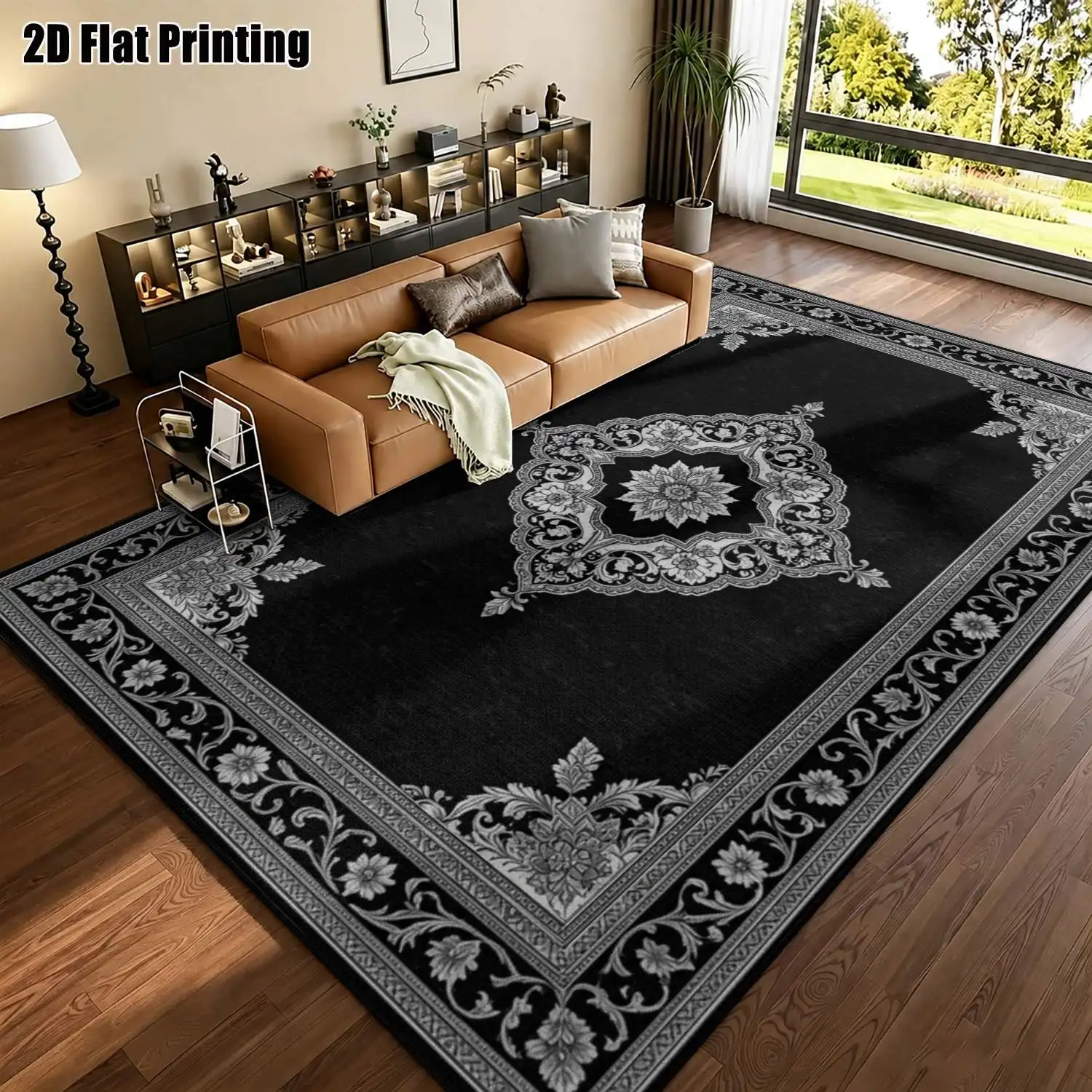 1Pc 2D Printed Carpet: Black Base, Silver-Gray Floral Symmetrical Pattern European/Retro/Geometric Style, Ideal for Home Decor, Multi-Size, Machine Washable, Suitable for Entryway, Living Room, Bedroom, Dining Room, Foyer.