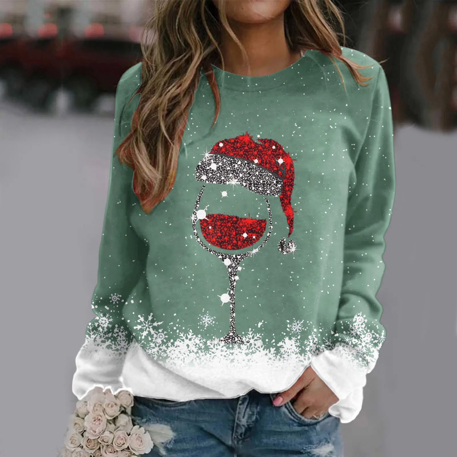 Women Hoodie Tops Christmas Long Sleeve O-Neck Pullovers Sweater Autumn Long Sleeve O-Neck Red Hat Wine Glass Print Sweatshirts