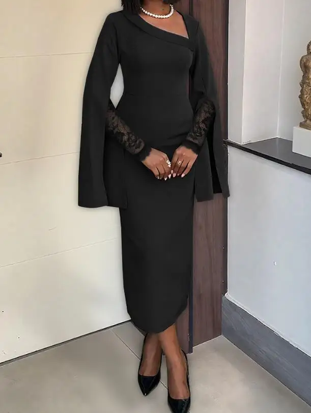 

Womens Asymmetrical Foldover Neck Lace Long Sleeve Split Sleeve Overlay Party Dress Slim Fit Zipper Back Slit Commuting Dress