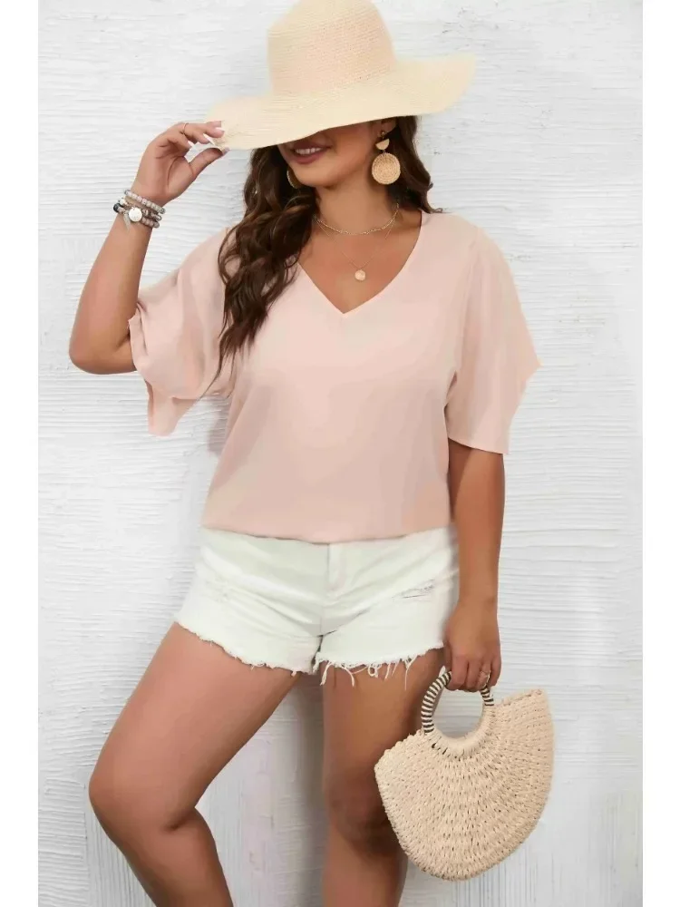 Plus Size 1XL-5XL Women's Solid Color  Short Sleeve Blouse V Neck Bell Sleeve Blouse Casual Pullovers Shirt Top image 6