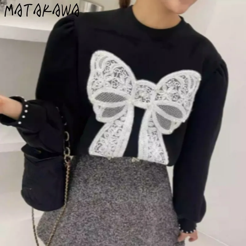 Matakawa Lace Bows Hoodies Women Tops Autumn Winter Korean Fashion Vintage Sweatshirt Sweet Chic Elegant Loose Sudaderas Mujer