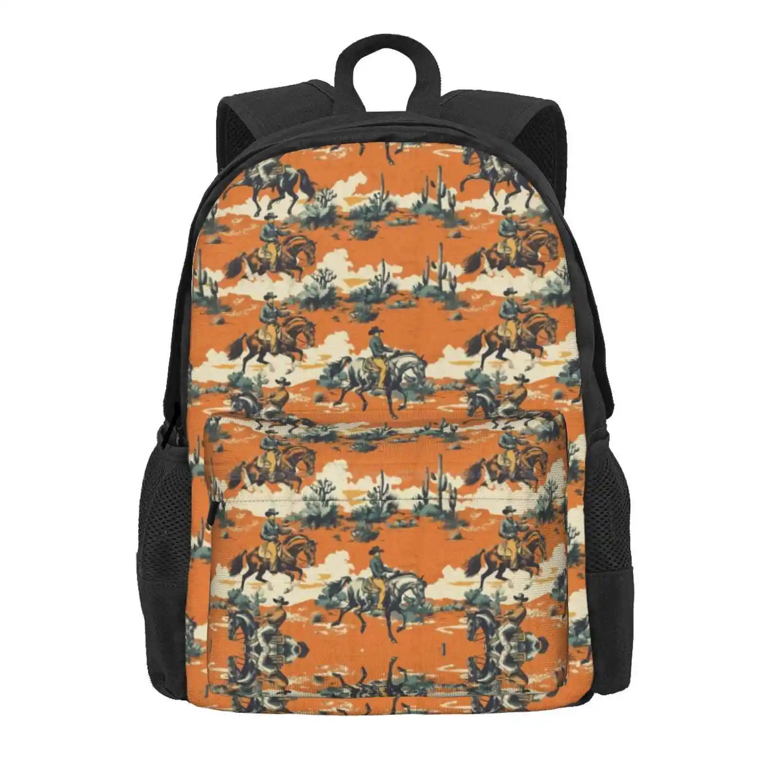 Sunset Trails: Vintage Cowboy Print On Orange Hot Sale Schoolbag Backpack Fashion Bags Cowboy Vintage Western Desert Cactus