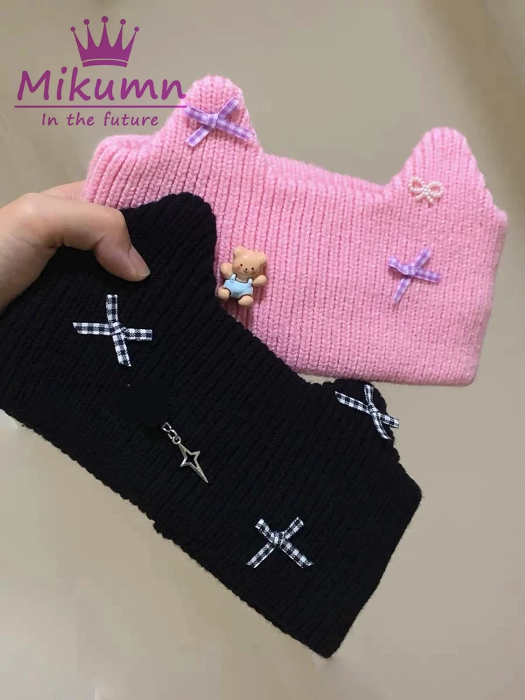 Harajuku Gothic Cat Ear dzianinowa opaska na głowę kobiety Y2k Grunge zimowy ciepły Headwrap dziewczyny Punk elastyczne nakrycia głowy akcesoria do