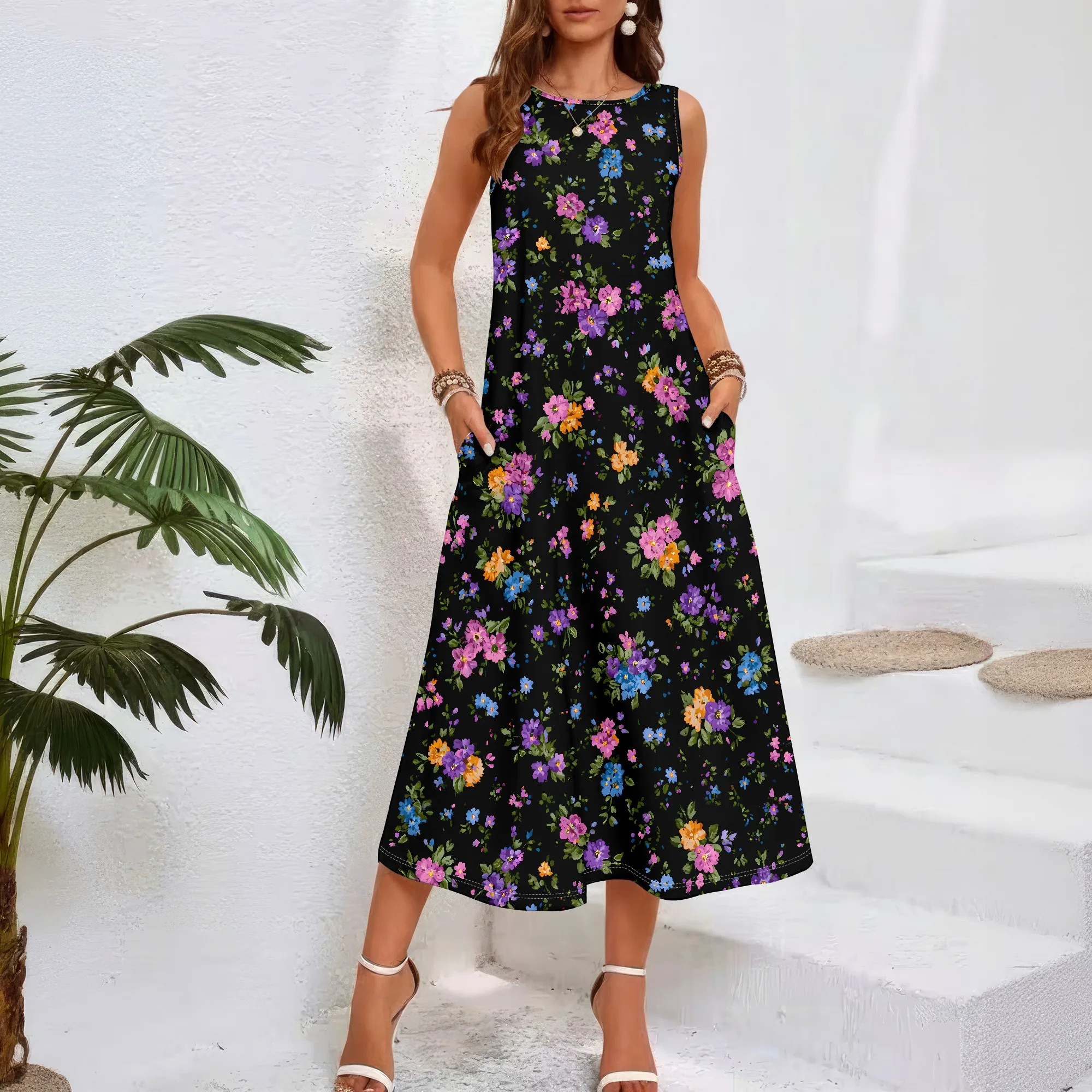 Sundress Midi Floral - Ärmelloses Kleid mit Blumenmuster, Sommerliches Freizeit-Maxikleid,