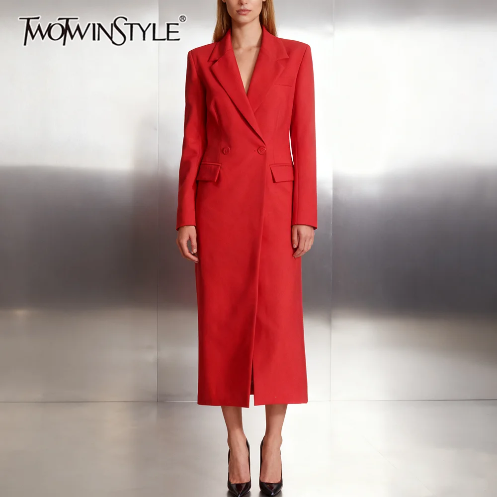TWOTWINSTYLE Solid Spliced Double Breasted Long Blazers for Women Lapel Long Sleeves Tunic Temperament Blazer Female Autumn New