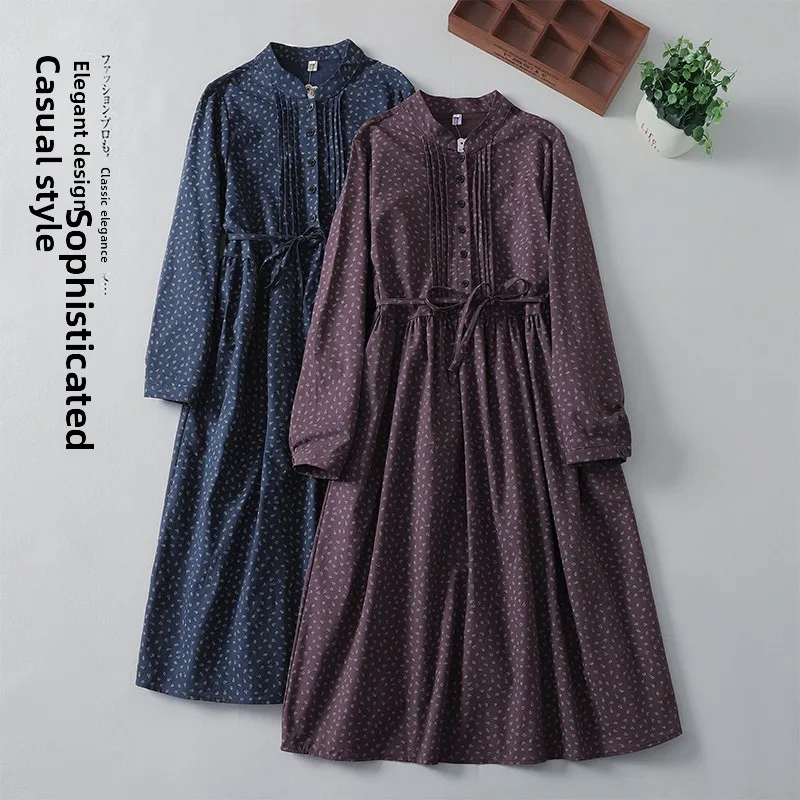 

plus Size Spring Forest System Cotton Linen Retro Print Midi Length Belted Waist Stand Collar Long Sleeve Base Long Dress