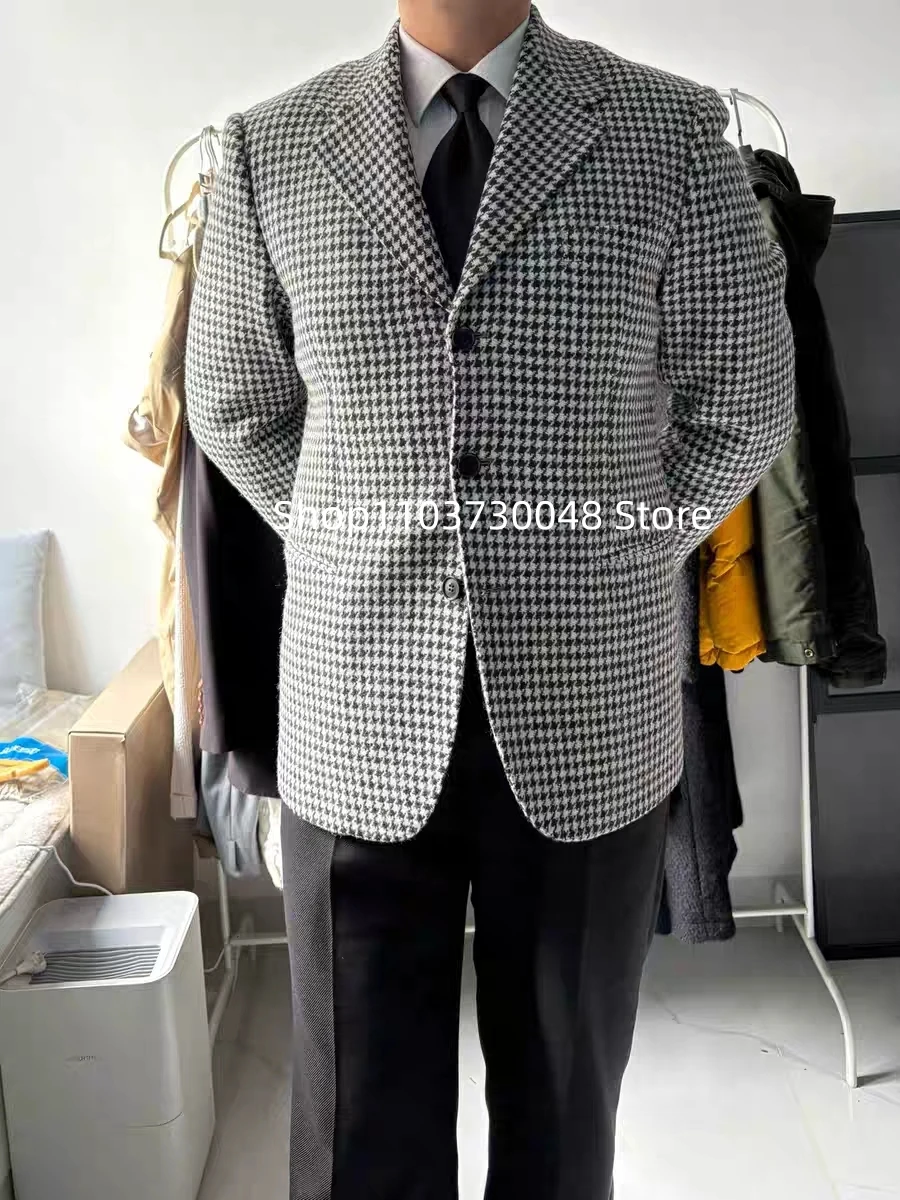 

Мужской пиджак в клетку «гусиная лапка» из шерсти, с длинным рукавом, однобортный, деловой, для офиса, для торжественных мероприятий
