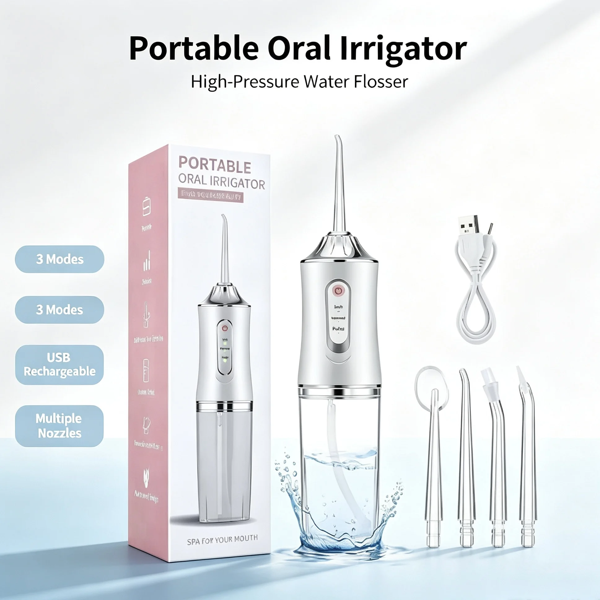 Novo Irrigador Oral Portátil F29/D52 Recarregável USB com 4 Pontas de Jato para Limpeza Dental