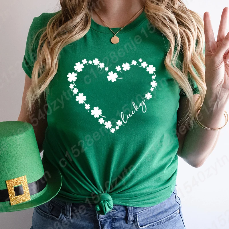 Fashion Women's Tops St Patrick's Day Clover Heart Lucky Print Tees Summer Loose Crew Neck T Shirt Creative Personalized T-shirt