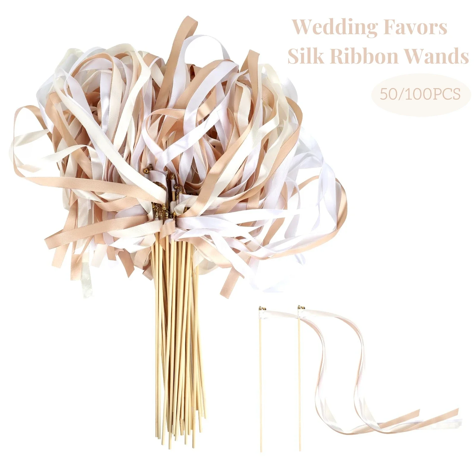 

50-200PCS Wedding Favors Silk Ribbon Wands Mix Color Fairy Sticks Party Props Champagne Streamers With Bells Baby Showers Decor