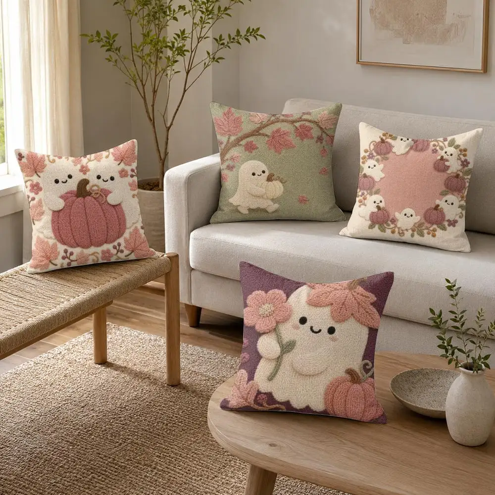 Blush Pumpkin Ghosts Cushion Cover Organic Linen Throw Pillow Cover - Double-Sided Print Breathable Cushion Case Home Decor