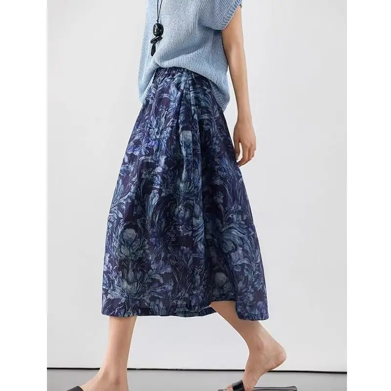 Casual Linen Print Skirt mid Waist A-Line Standard Fit Commute Style with  Spring Summer New Brand Women's Fashion