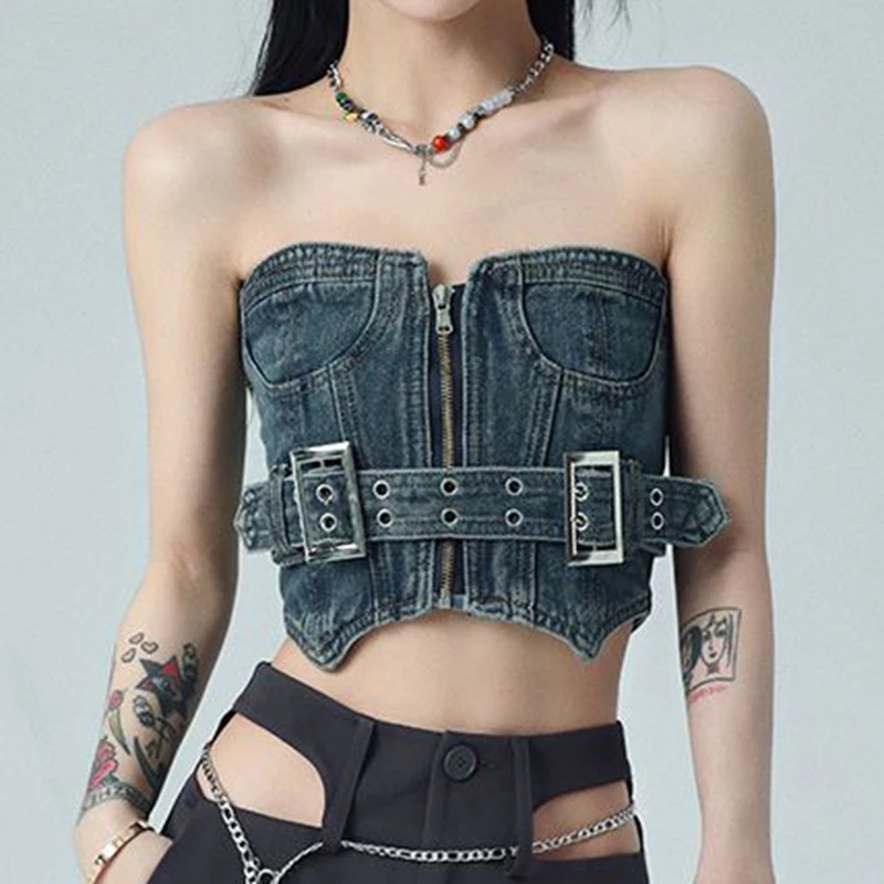 Retro girl star belt double breasted hollow out punk belt ins trend  womens cute  sexy Denim Cotton Casual corset top