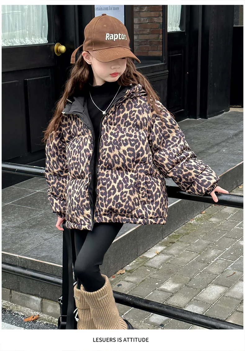 Girls Coat 2024 Winter New Childrens Clothes Girl Baby Foreign Style Loose Personality Leopard Print Cotton Clothes Casual