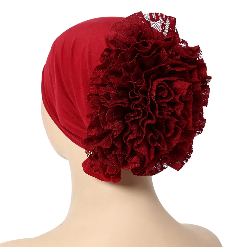 Turbante Cor Pura para Mulheres, Seda Leite, Chapéu Flor, Lenço Respirável, Gorro Árabe, Envoltório Cabeça, Hijabs Muçulmanos, Flor de Renda, Novo