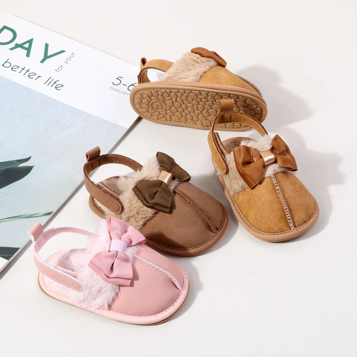 New Arrival Baby Girl's First Walking Indoor Outdoor Toddler Shoes All Seasons Three Colors Furry Slippers Bowknot Rubber Sole