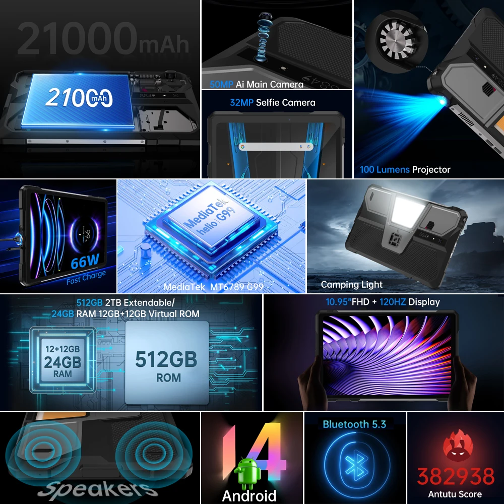 Unihertz TANK Pad E 8849، جهاز لوحي بروجكتور متين، 24 جيجابايت + 512 جيجابايت، 21000 مللي أمبير، 10.95 بوصة FHD 120 هرتز، 50 ميجابكسل، 66 وات، كمبيوتر لوحي عالمي