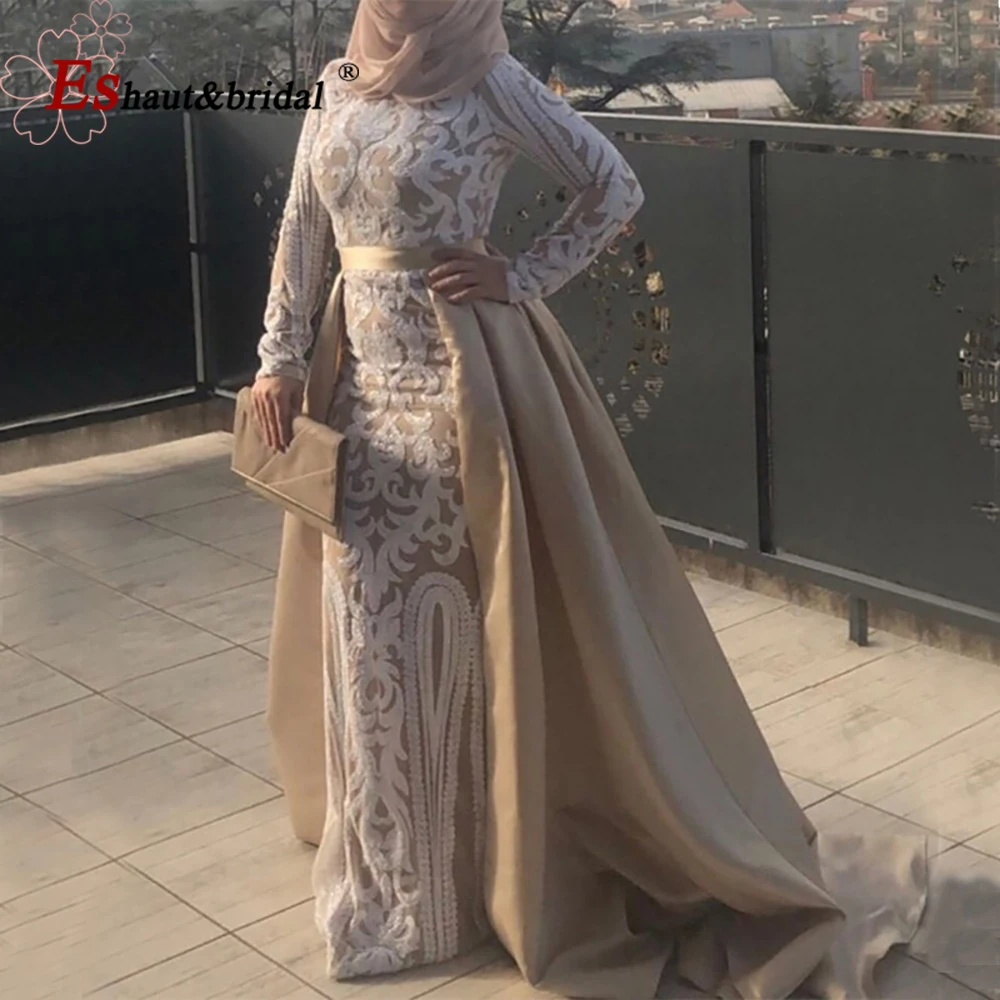 Elegant Muslim Sequin Evening Night Dress 2023 Long Sleeves O Neck Mermaid Formal Prom Wedding Party Gowns with Detachable Train