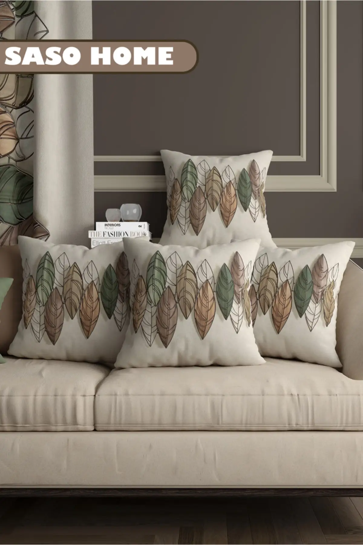 Set of 4 Throw Pillow Covers with Colorful Leaves Pattern on Cream Background