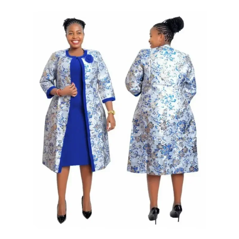 2 Piece Set long Coat and Dress Christmas African Midi Dresses Women Dashiki Bazin Riche African Clothing Dresses Africa Clothes image 5