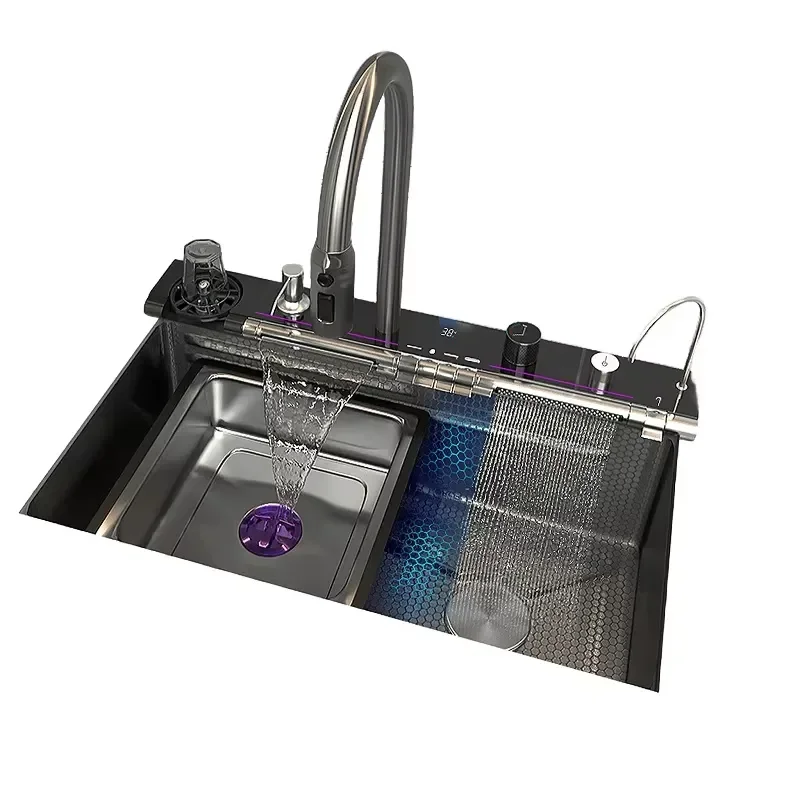 Modern Black Gold Stainless Steel Freestanding Washbasin Smart Waterfall Bathroom Sink Luxury Multifunctional Basin for Home