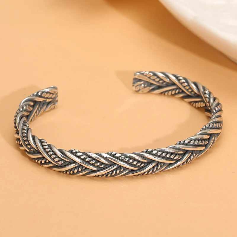 

Niche styletrendy thai silver retro men's and women's opening handwoven cable stitch braceletfashiontrendy silver bracelet