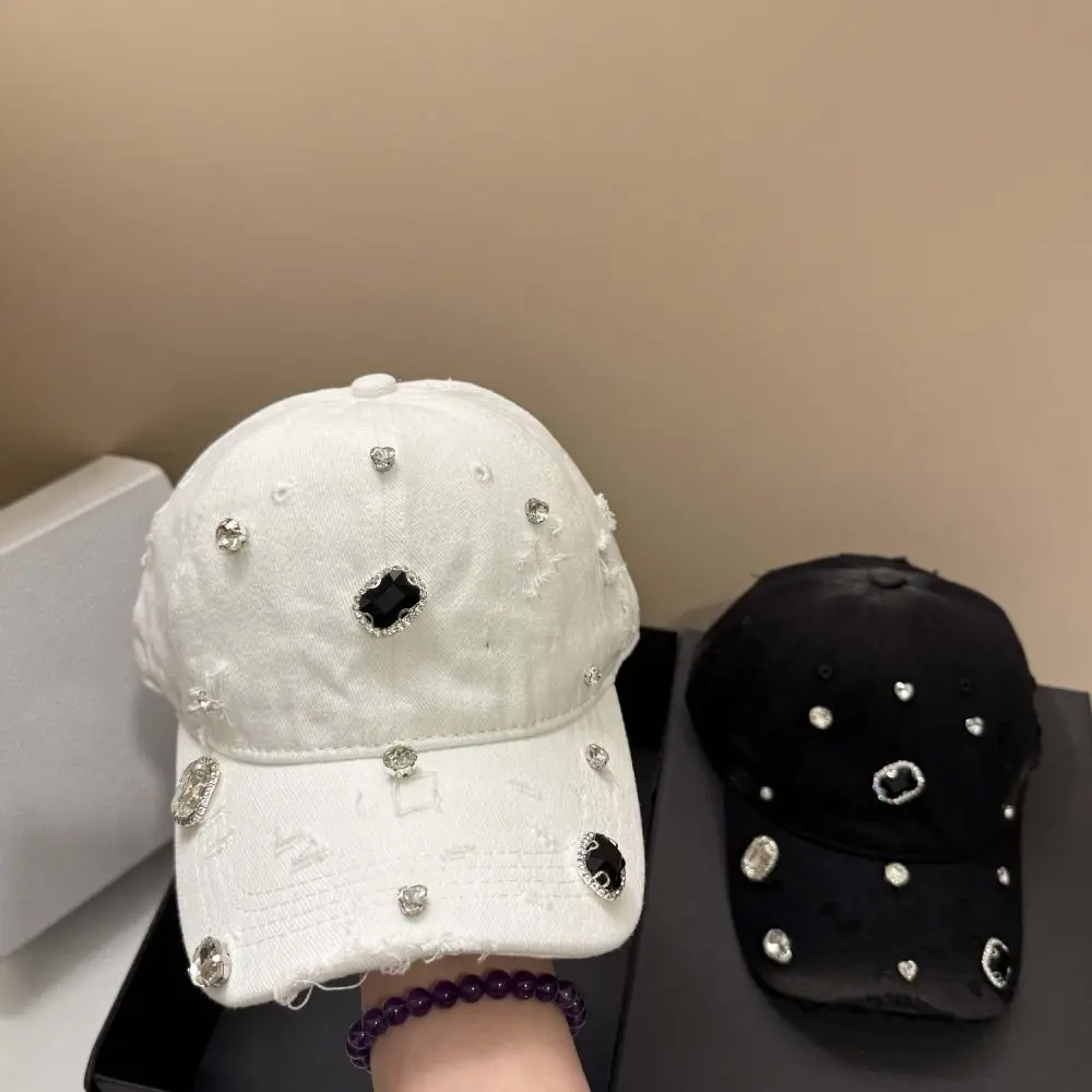 Cotton Rhinestone Baseball Cap Rhinestone Embellished Torn Effect Hole Washed Hat Vintage Wash Adjustable Snapback Hip Hop Cap