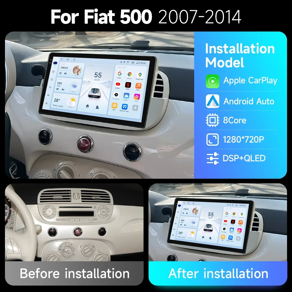 JIUYIN Wireless CarPlay 15 Auto Radio For FIAT 500 Abarth 2007-2015 Android Apple Multimedia Screen Stereo GPS Navigation