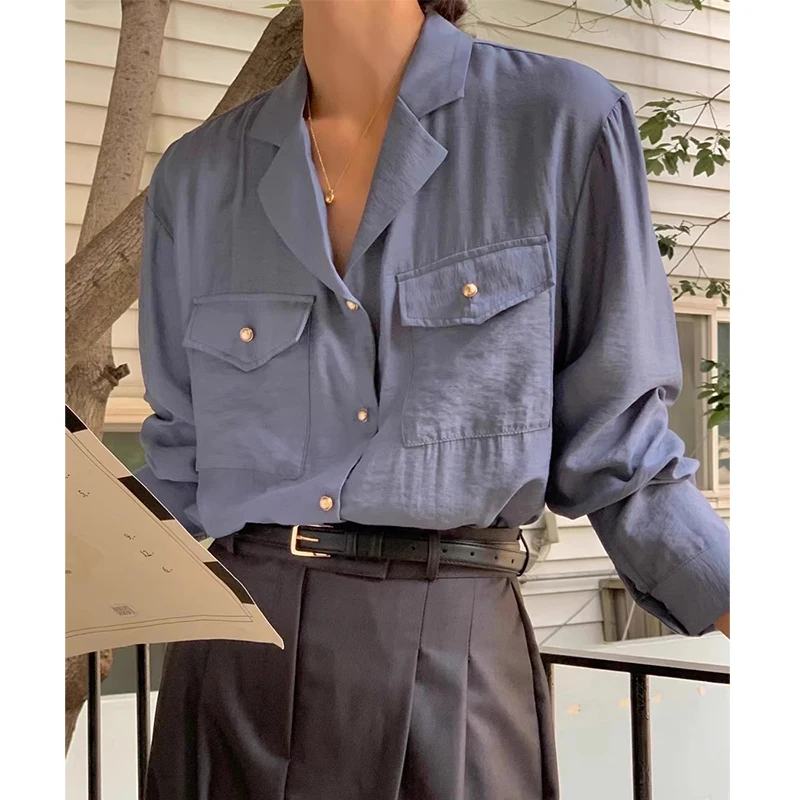 Chic Vintage Sle Long Sve Metal Button Loose Fit Suit Collar Women's irt Versatile Double ket Design for Autumn
