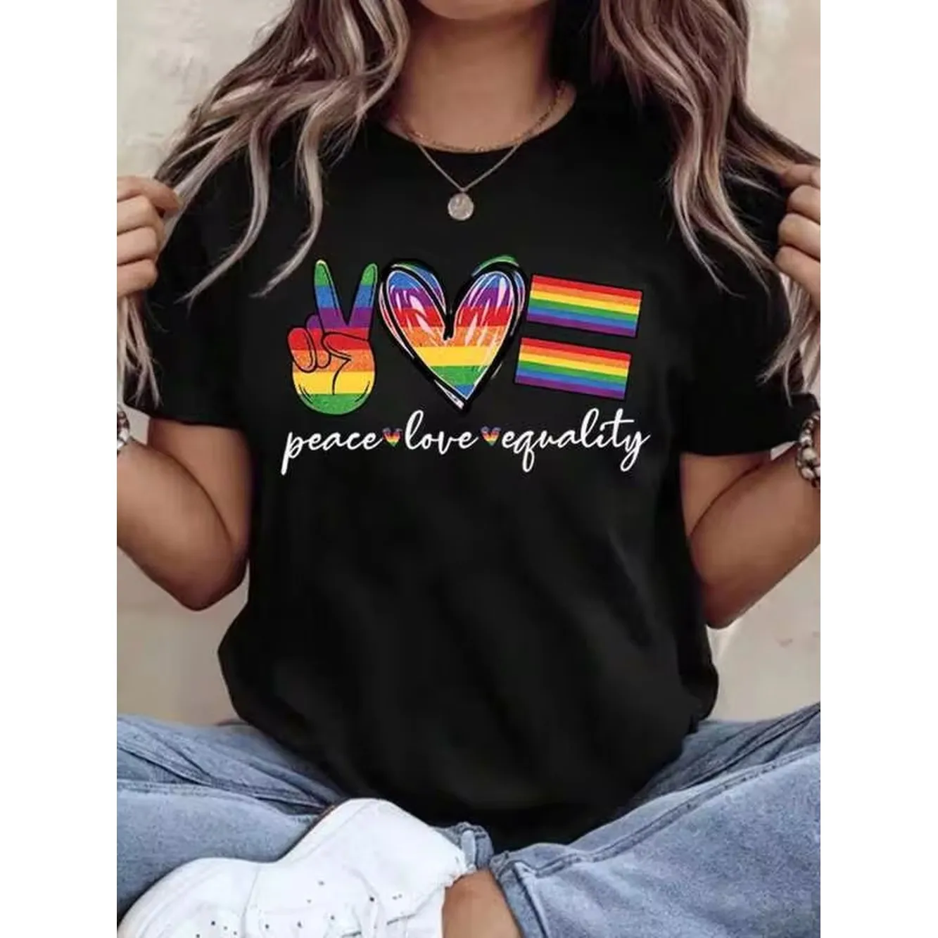 Peace Love Equality Rainbow Pride T Shirt For Women Gay Pride Festival Celebration LGBTQ Support Statement Top Casual Wear,220g