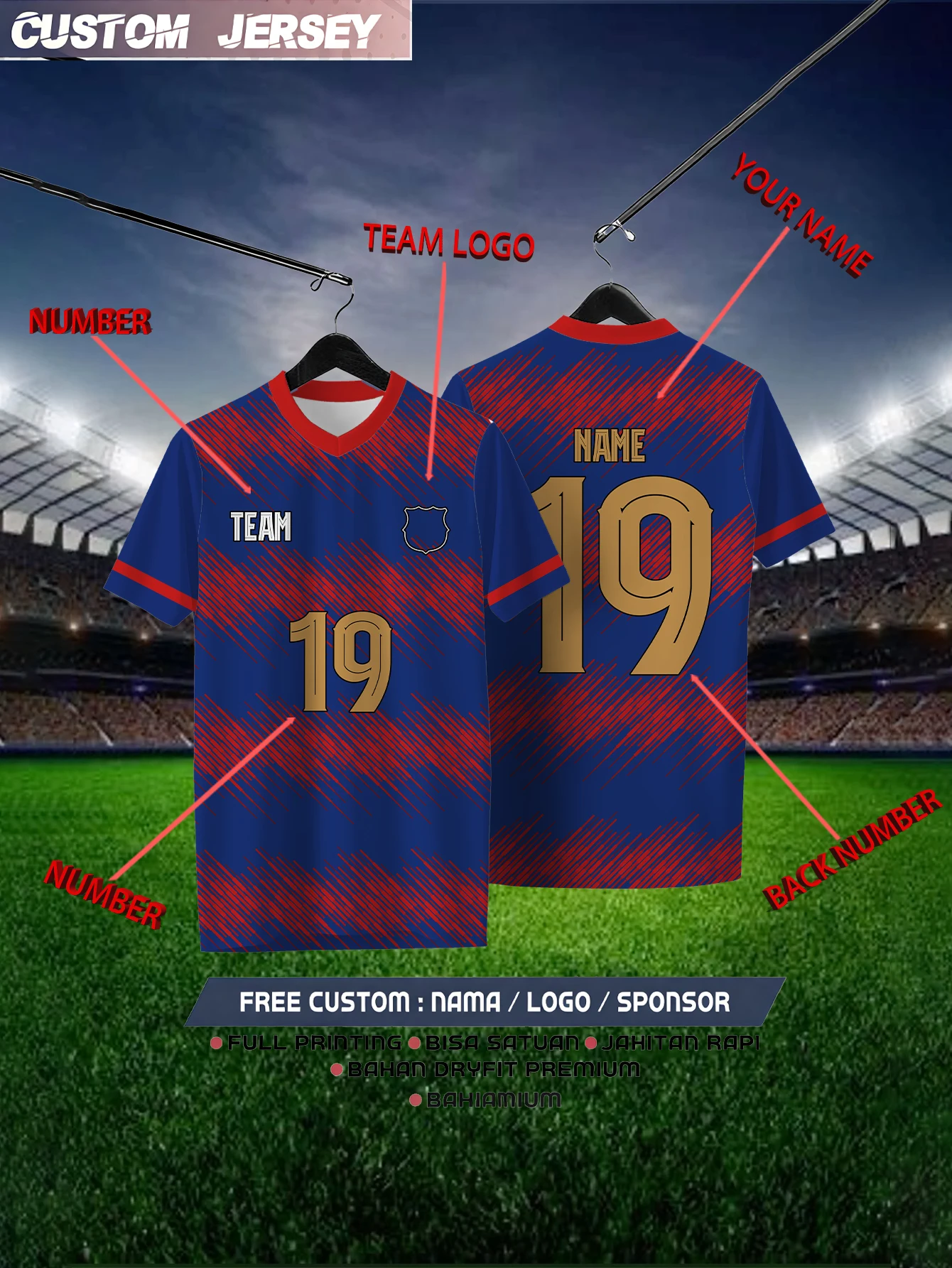 

Customized Geometric Blue Short Sleeved Shirt with Team Name, Emblem, Name and Number, Outdoor Sports Short Sleeved T-shirt