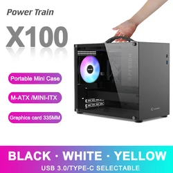 파워 트레인 X100 M-ATX 휴대용 컴퓨터 케이스 MINI-ITX ATX 마더보드 전원 공급 장치 지지대 U3 C 타입 데스크탑 미니 소형 섀시