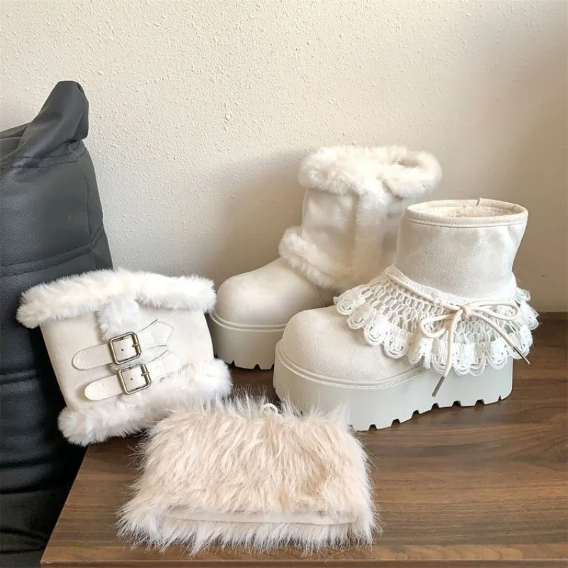 Faux Fur Platform Snow Boots, Removable Decor Cuff Lace Trim Buckle Strap Winter Warm Thick Sole Ankle Boots, Cute Y2K Winter St