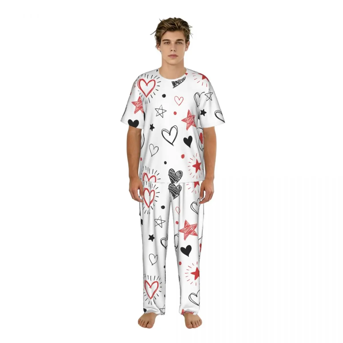 

Мужской пижамный костюм с короткими рукавами и длинными брюками, забавная одежда для сна с сердечками и звездами, летний комплект домашней одежды