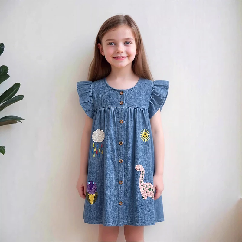 Little Maven Mädchen Cowboy-Kleider Neu 2026 Sommer Baumwolle Bestickte Dinosaurier Baby-Jeanskleider für Kinderkostüme
