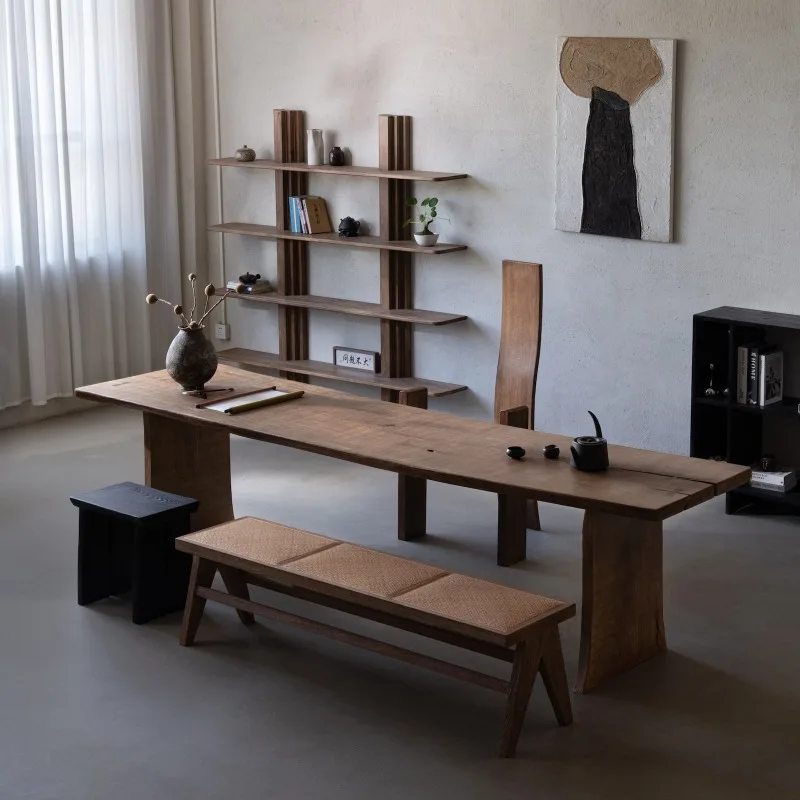 

Natural wind wabi sandy solid wood large board tea table desk medieval ash wood log long table weathered tea table