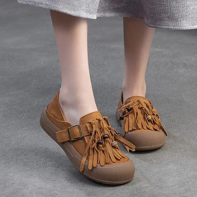 ربيع الخريف جلد طبيعي حذاء مسطح للنساء مع باطن لينة شرابة الرجعية أحذية نسائية مع طبقة علوية جلد البقر حذاء كاجوال