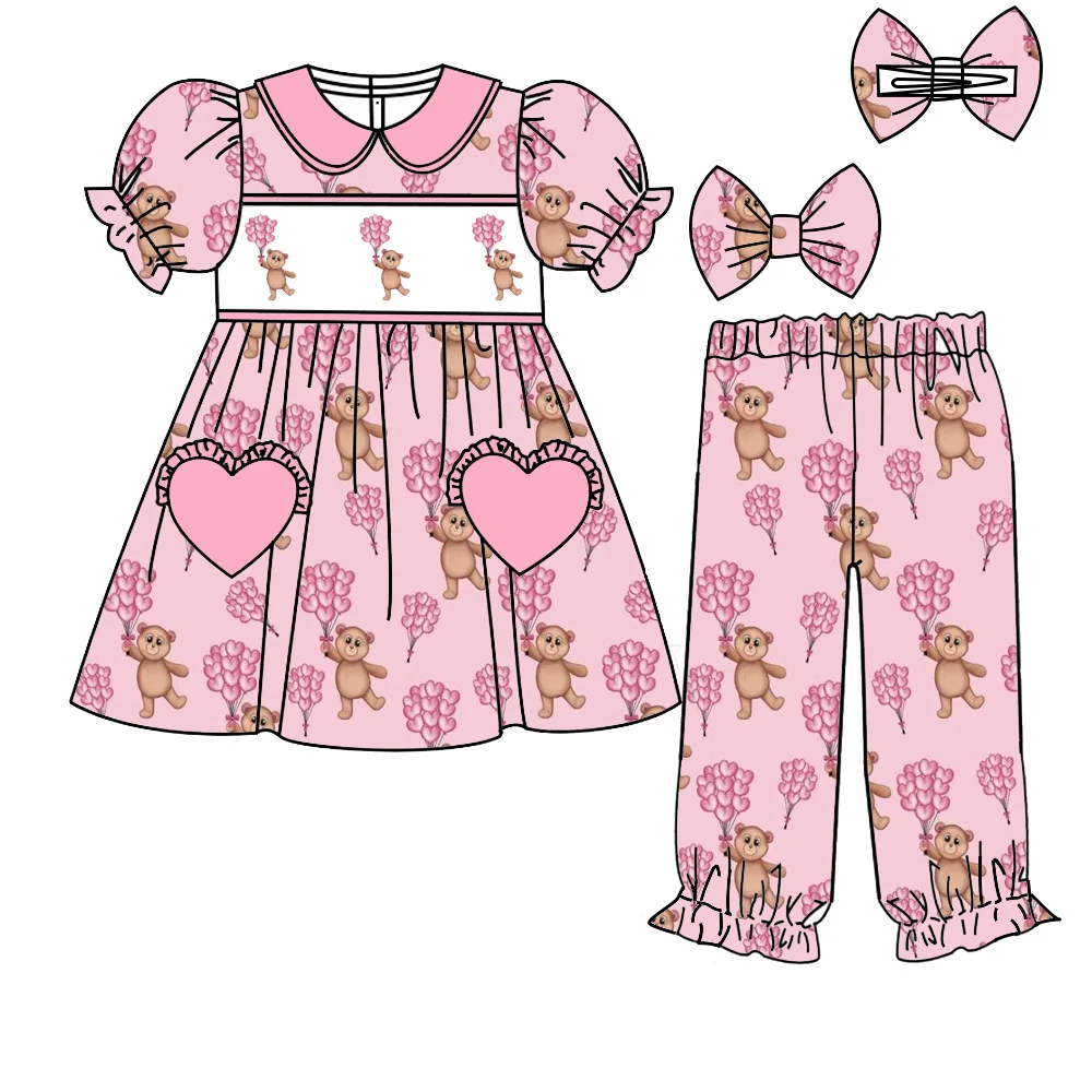 Girls series pajamas and robe children's set short-sleeved trousers set Valentine's Day love balloon printed long-sleeve robe