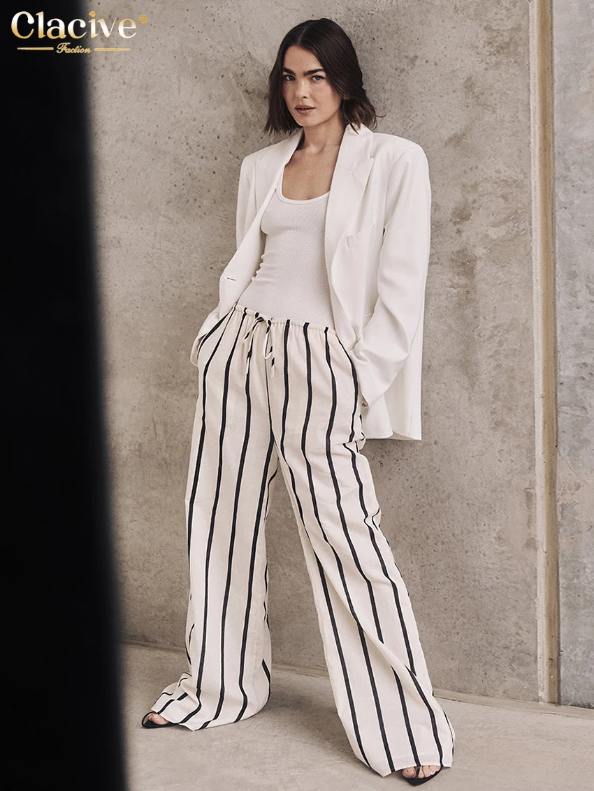 Clacive Fashion Loose Stripe Print Women\'S Pants 2024 Elegant High Waist Wide Pants Casual Full Length Trousers Female Clothing