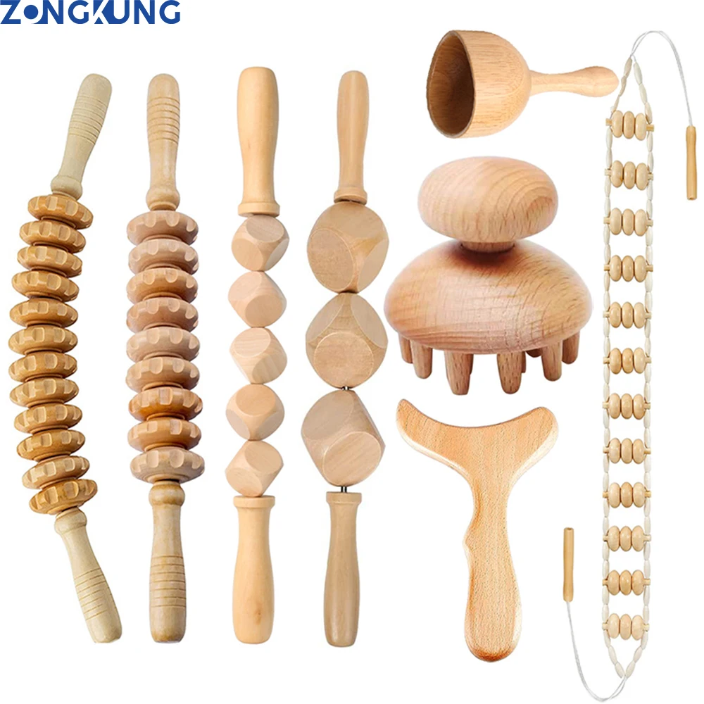 

8PCS Wooden Therapy Massager for Lymphatic Drainage Anti Cellulite Maderoterapia Body Sculpturing Massage Roller Guasha Sets