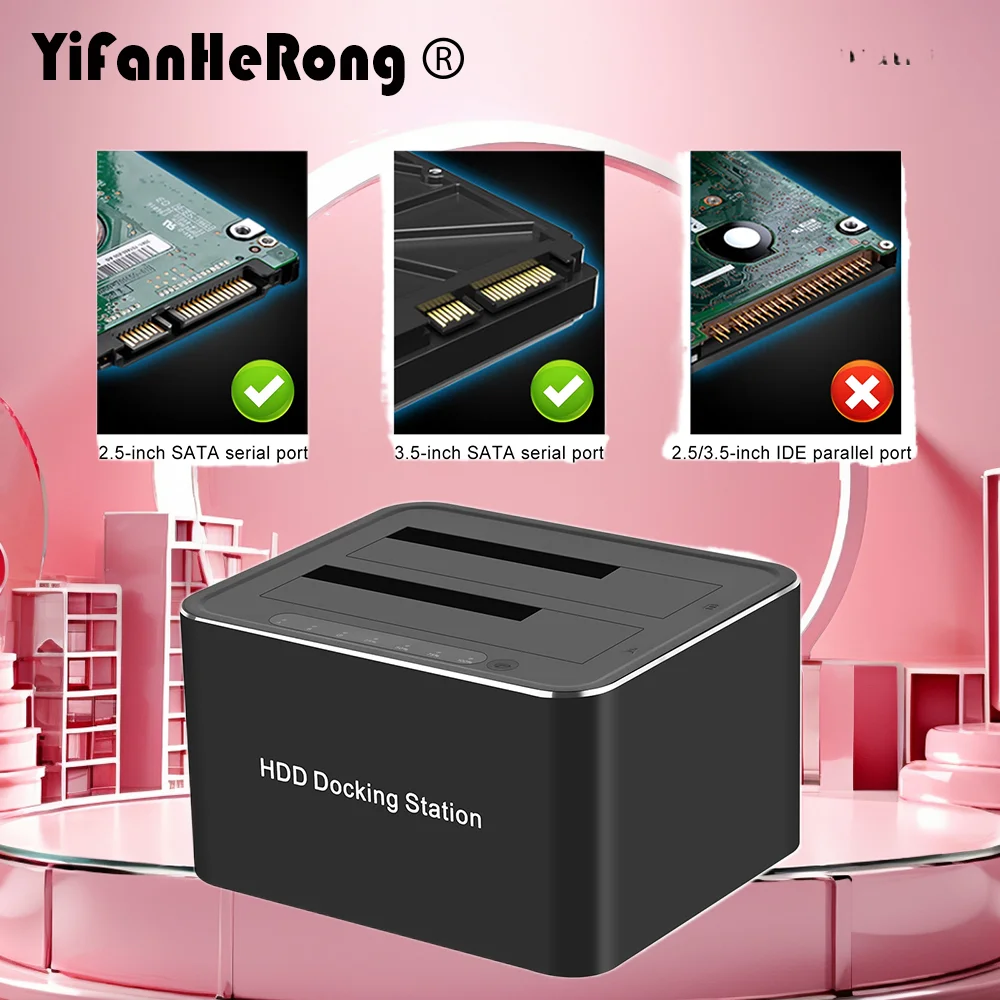 SATA to USB3.0 Dual Bay External Hard Drive Docking Station 5G For 2.5/3.5" SSD HDD Fast Offline Clone with 12V Power Adapter