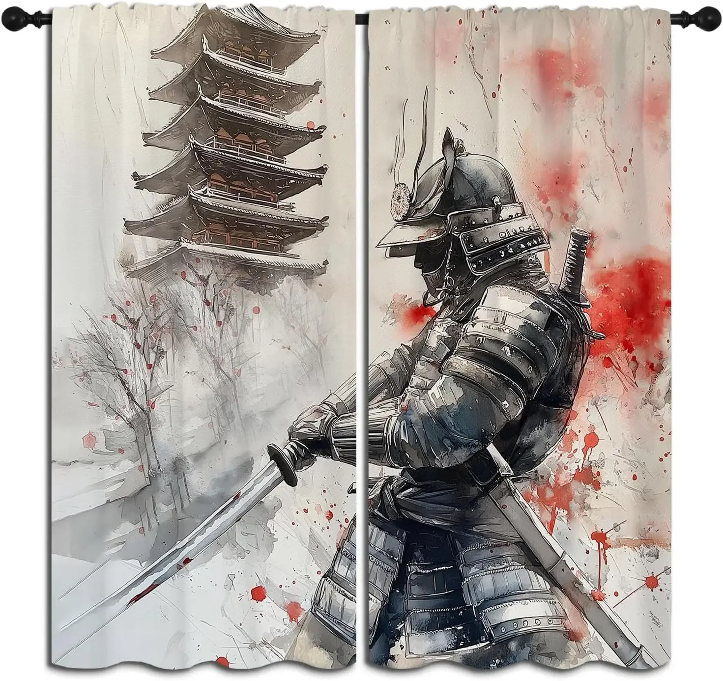 Asian Watercolor Anime Boy Girls Blackout Curtains,Japanese Armor Sword Samurai Vintage, 2 Panel Rod Pocket Thermal Insulated