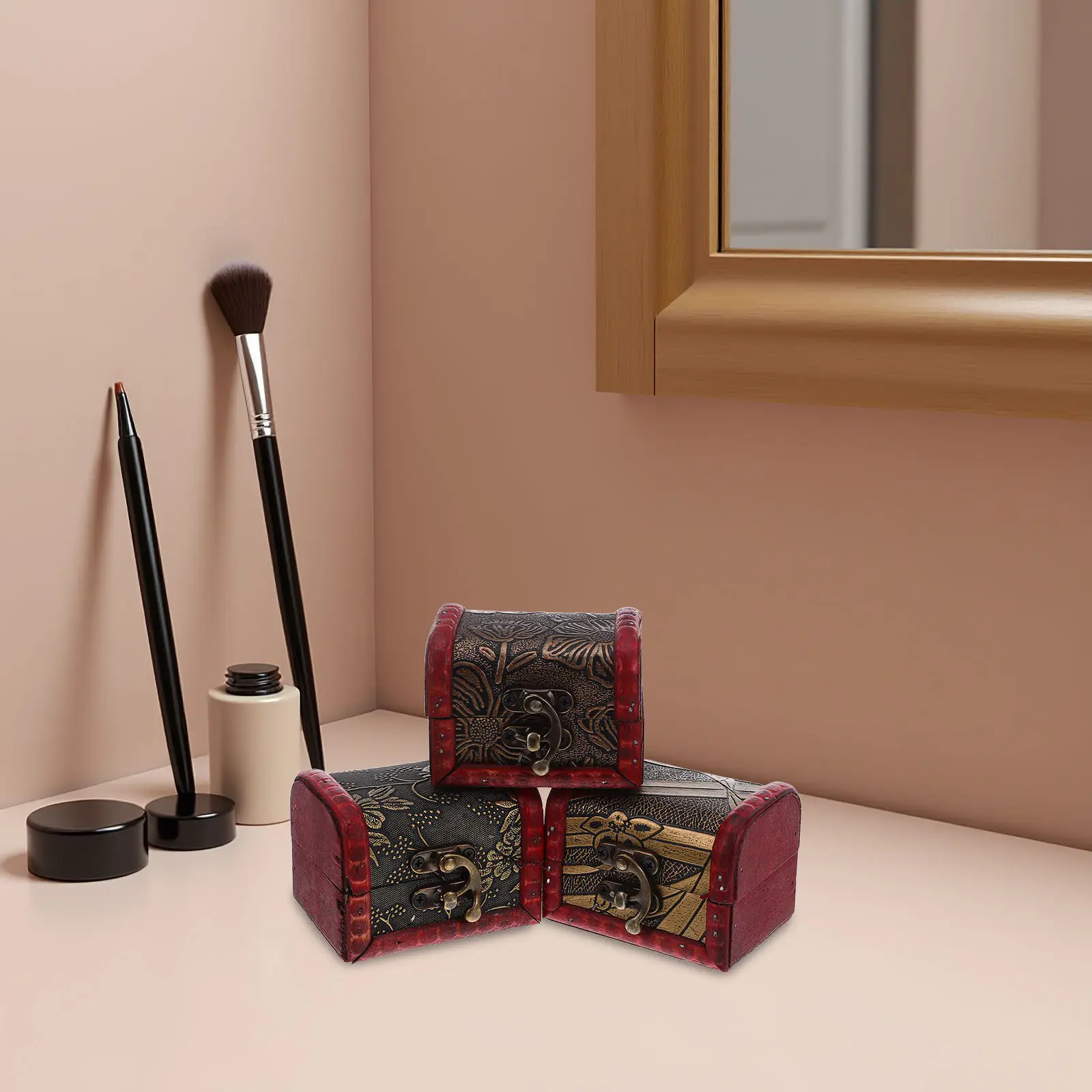 3Pcs Vintage Wooden Chest Box Retro Jewelry Storage Organizer Lid Hasp Keepsake Treasure Chest Rings Earrings Makeup