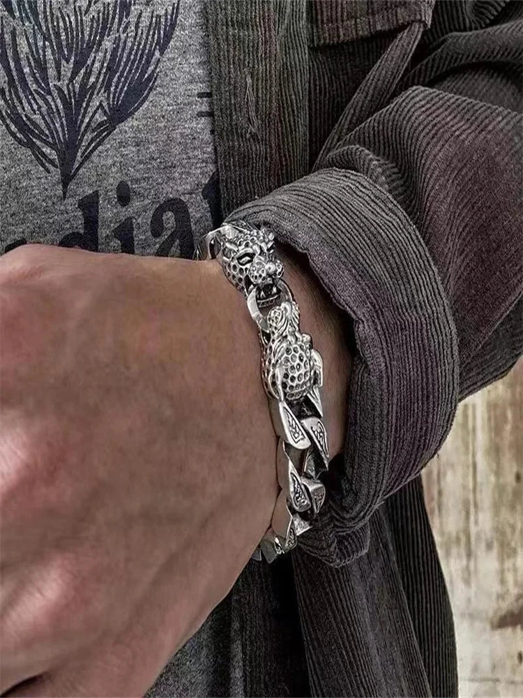 Luxury S925 Leopard Braided Double Leopard Head Bangle Men's Vintage Handmade Silver Bangle Holiday Gift Wholesale