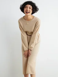 Women's Knitted Cashmere Long Dress Loose Pullover round Neck Wool Dress for Autumn And Winter Fashionable Split Design
