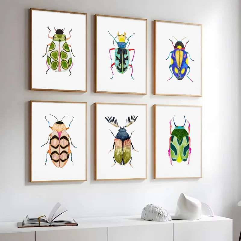 Watercolor Bug Beetle Ladybug Poster Print Colorful Insect Canvas Painting Nature Wall Art Picture Nursery Kids Room Home Decor