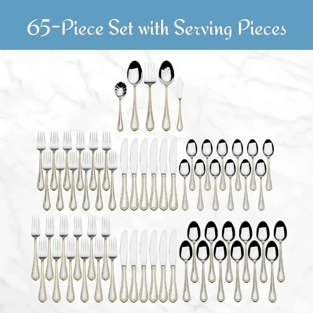 

Flatware Service for 12, 65 Piece Set, 18/10 Stainless Steel, Silverware Set with Serving Utensils